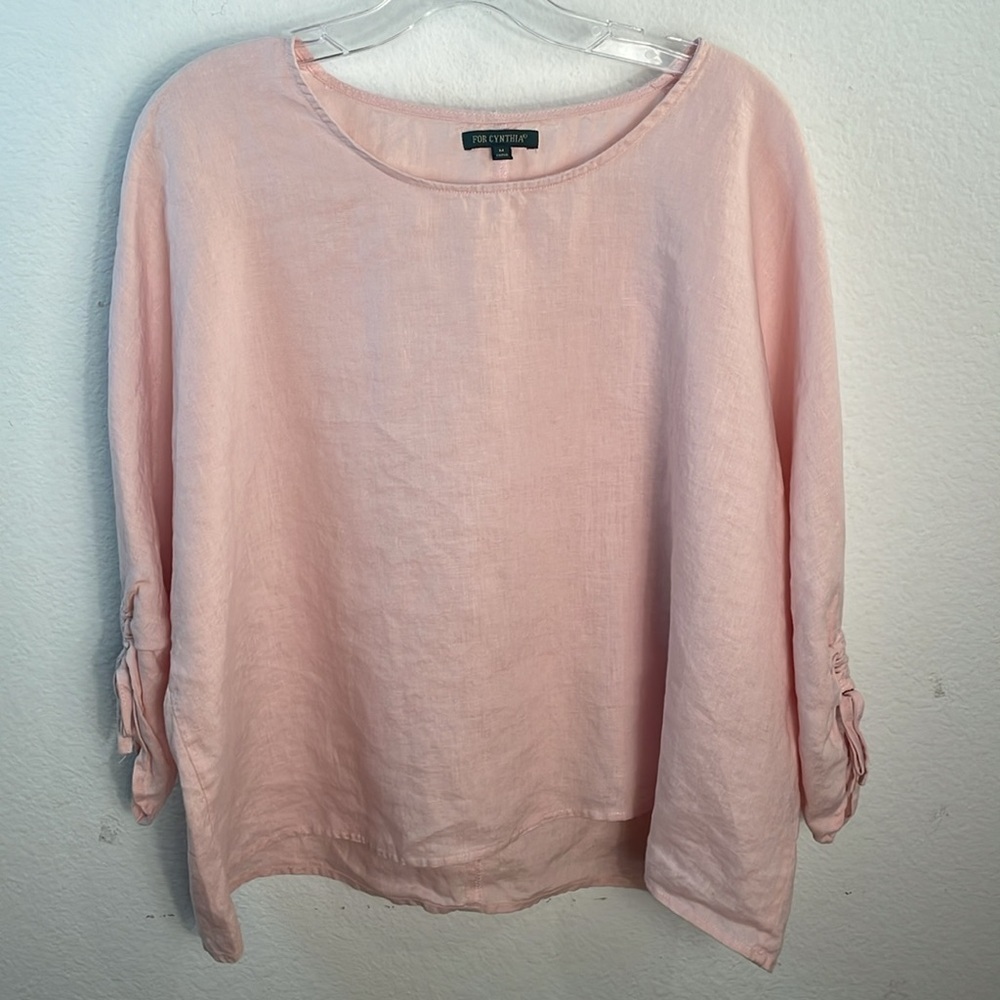 For Cynthia Light Pink Linen Top – Oversized Boxy Fit – Cinch Sleeve – Size M